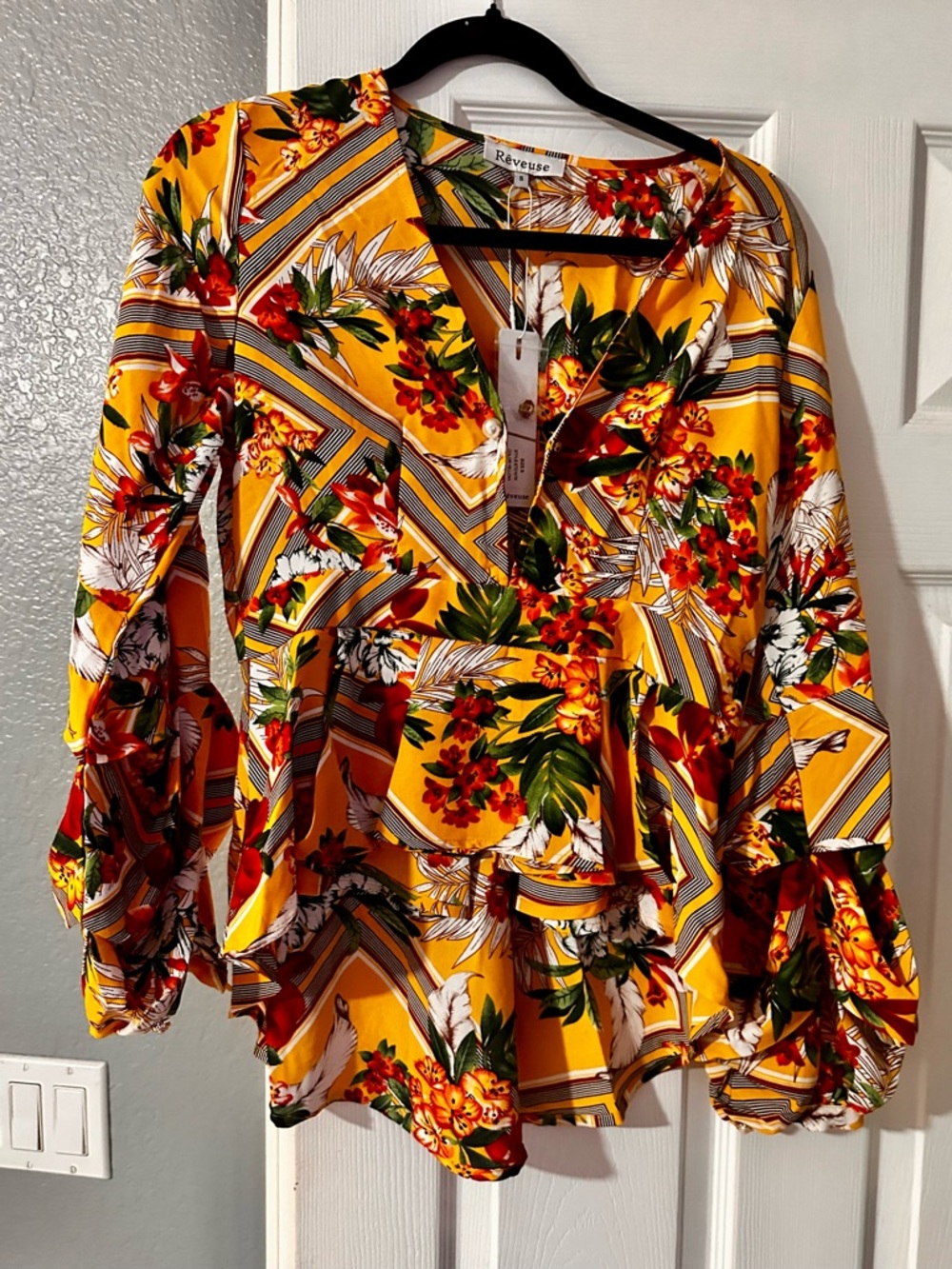 Yellow Floral V-Neck Peplum Blouse